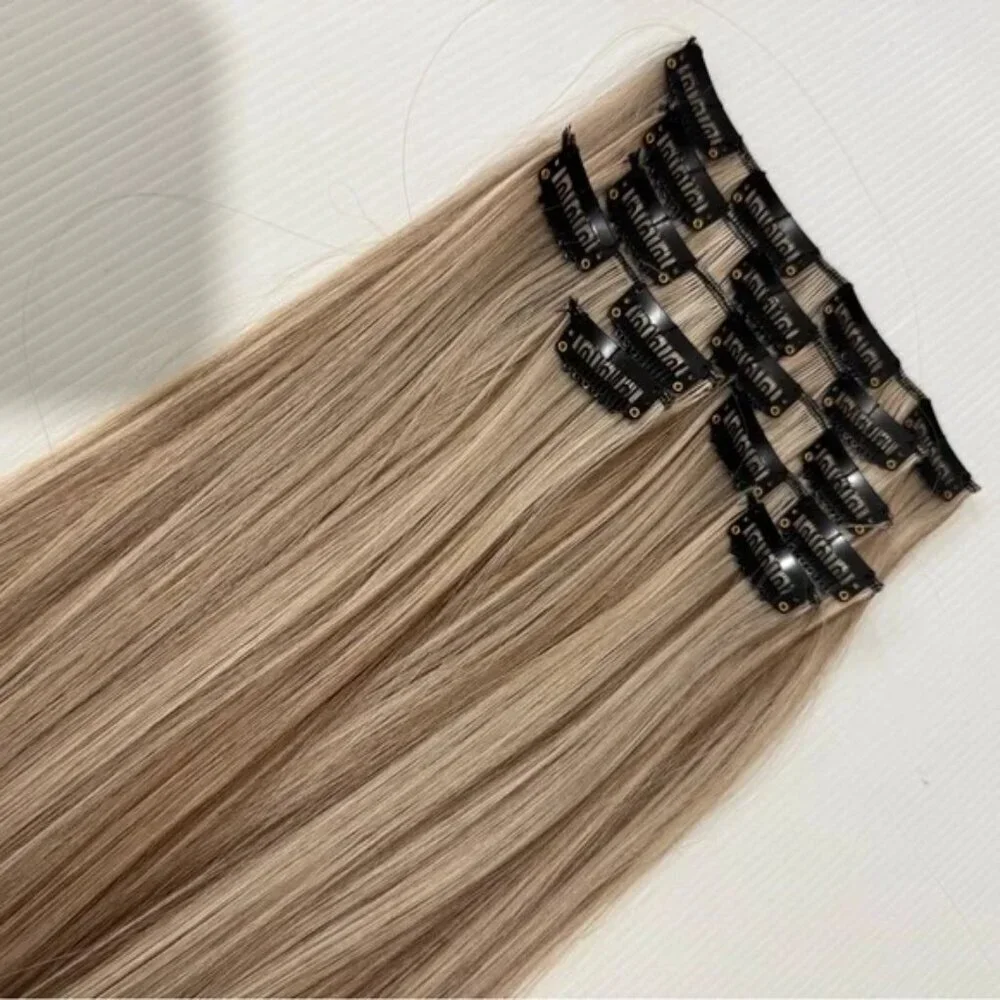 Human hair blend Light Brown With Light Blonde highlights Hair Extensions 24 in